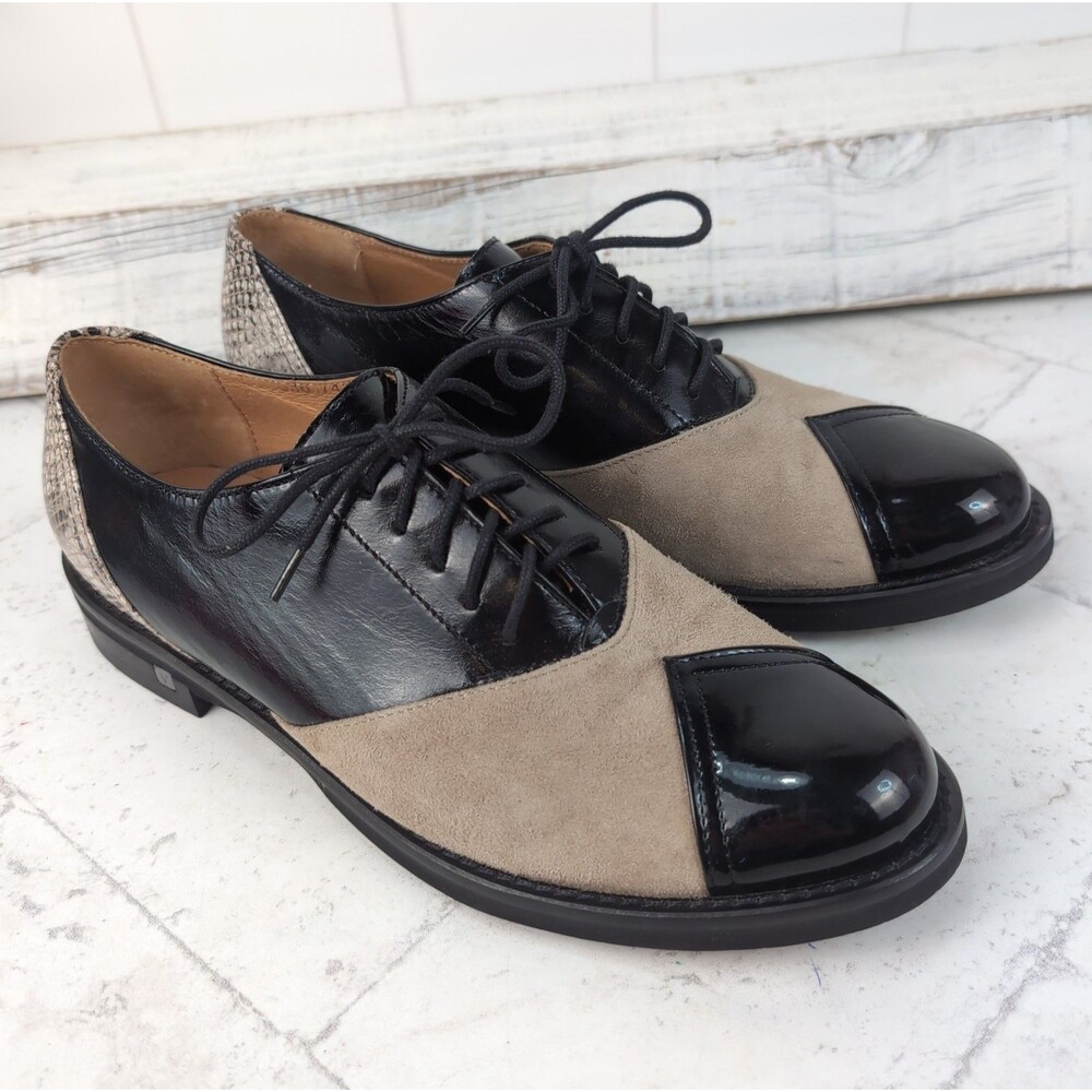 Embassy London Oxford Shoes Vivienne Women's Size 38 US 7 Black Beige Snake